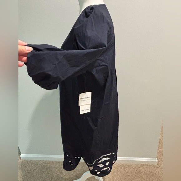 🆕 FOR CYNTHIA Navy Puff Sleeve Embroidered Hem Midi Dress - Picture 10 of 15